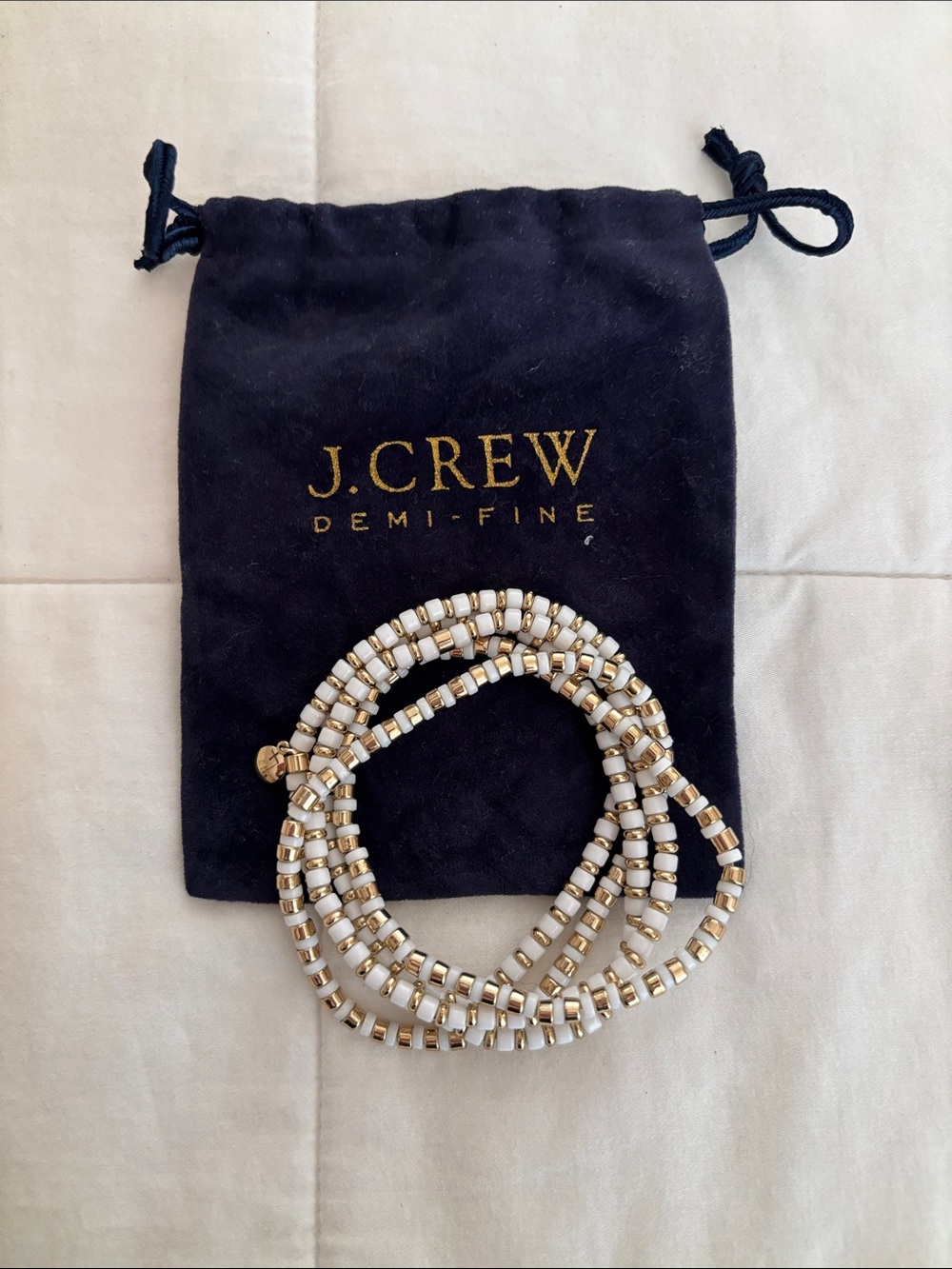 J. Crew White and Gold Multi-Wrap Beaded Bracelet